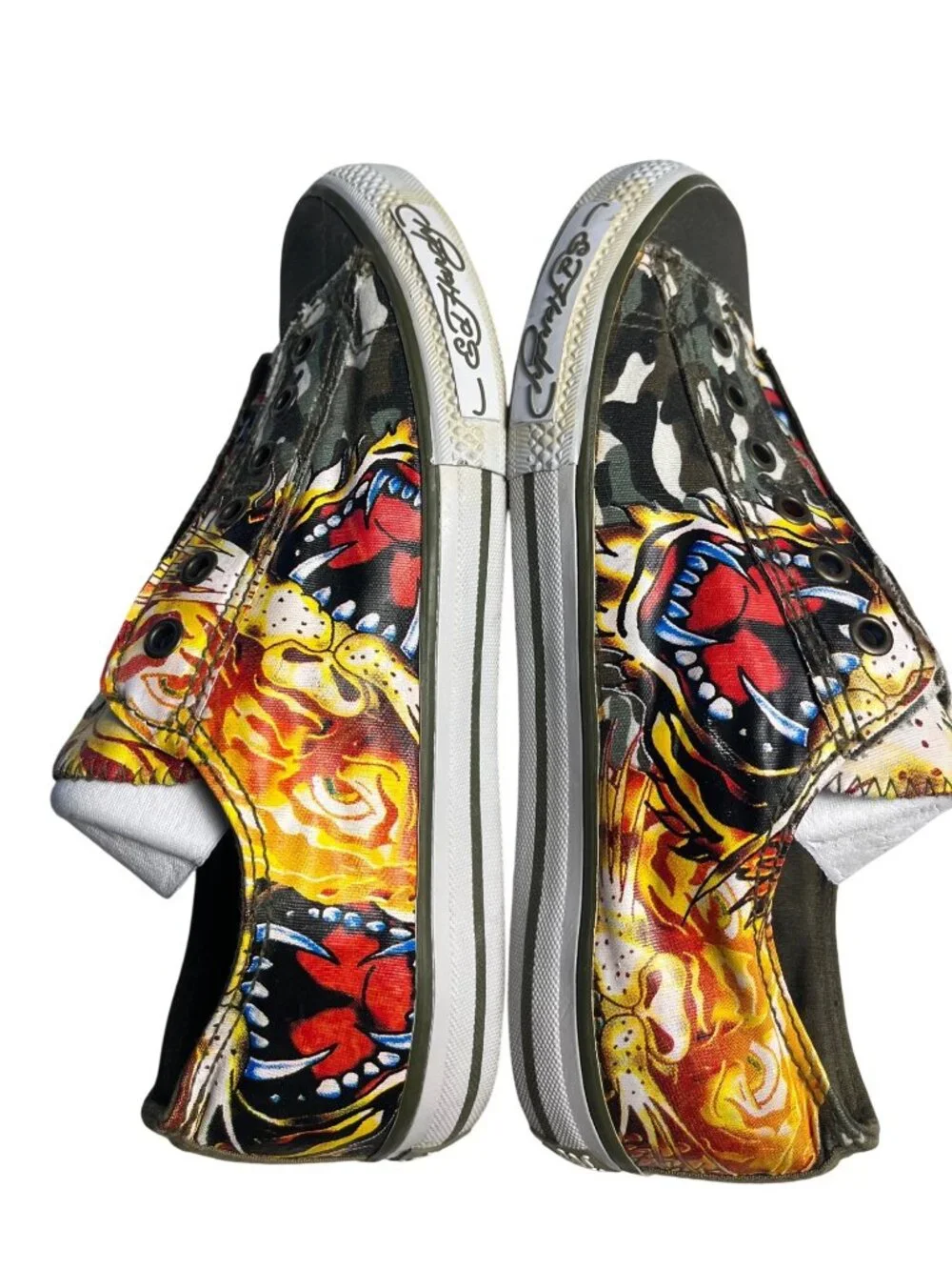 VTG Y2K Ed Hardy Tiger Tattoo Canvas Slip-On laceless Sneakers Mens 8 Womens 10